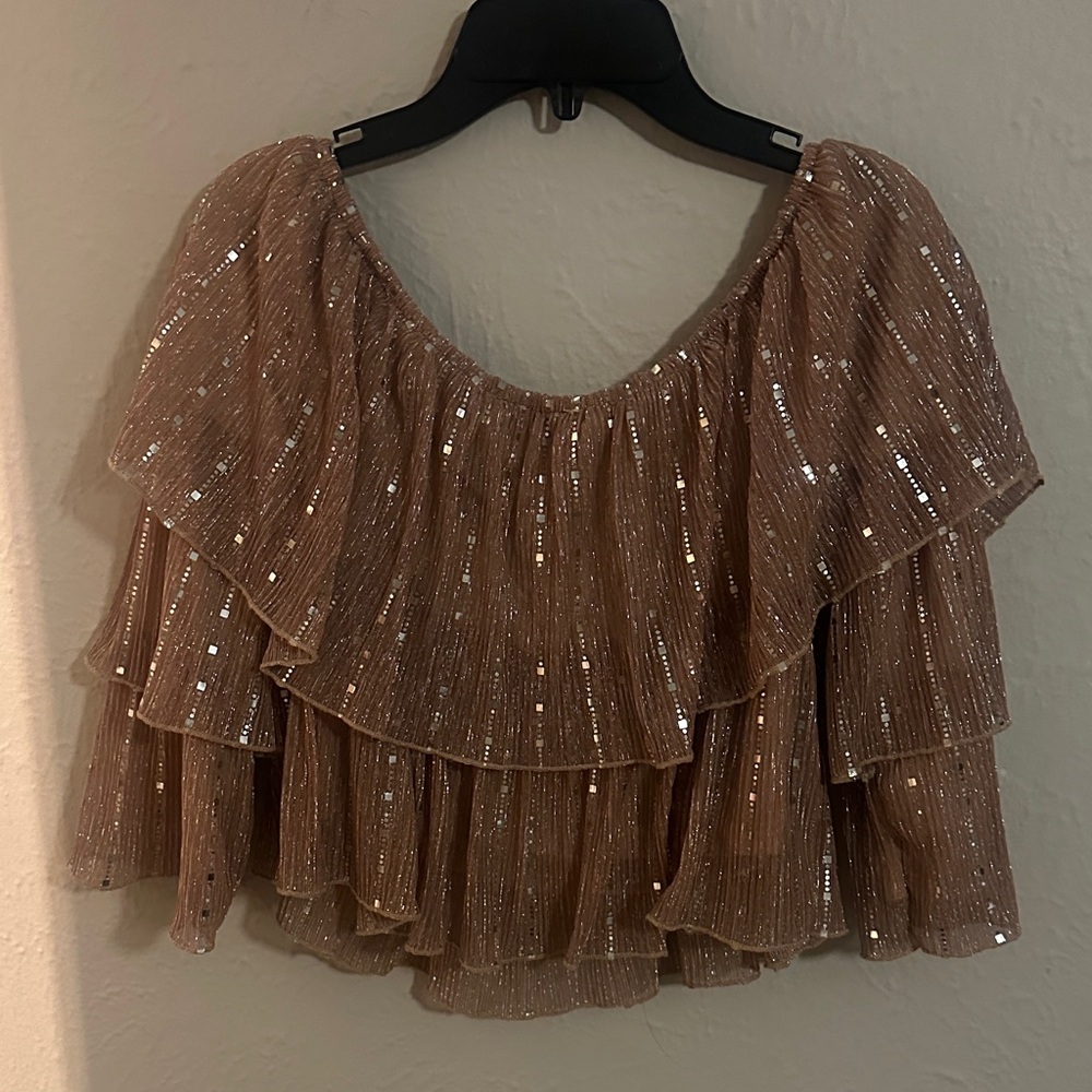 Fashion Nova Sequin Ruffle Blouse - Brown - Picture 5 of 7